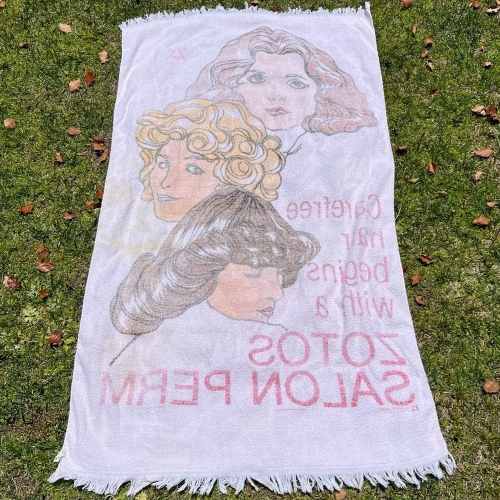 VTG 70s Cannon Advertising Beach Towel Zotos Salon Perm Pink Fringe 42x58 READ